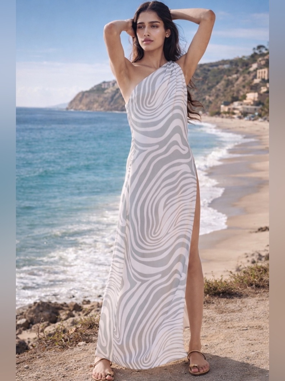 MISA Los Angeles Persephone Maxi Dress – Zebra Print – One Shoulder – Medium